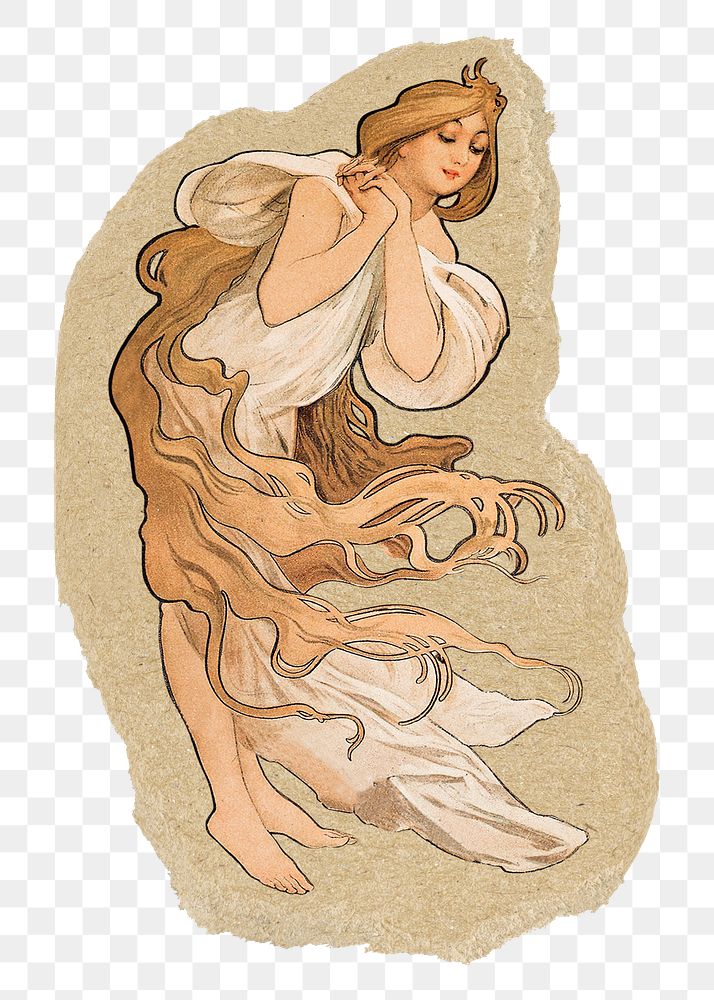 Alphonse Mucha's art nouveau woman png sticker, ripped paper, transparent background, remixed by rawpixel