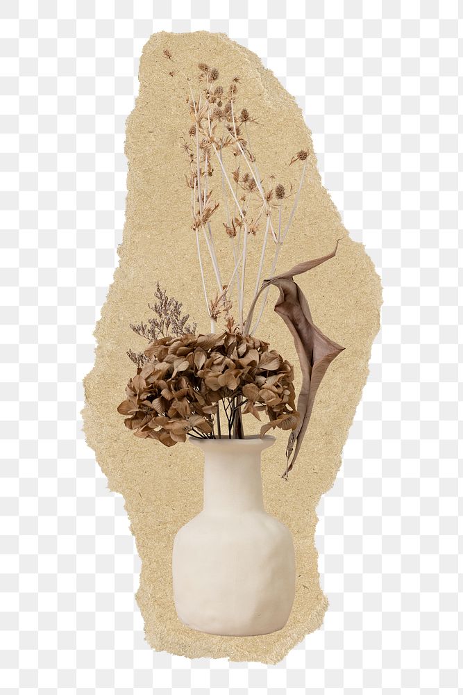 Dried flower vase png sticker, ripped paper, transparent background