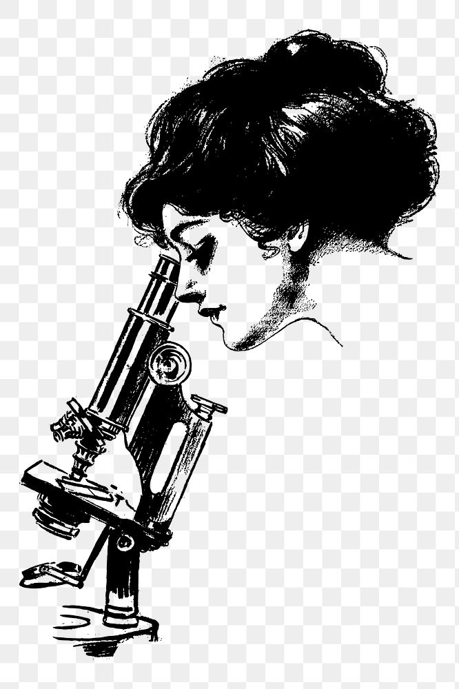 Woman using microscope png sticker, vintage illustration, transparent background. Free public domain CC0 image.