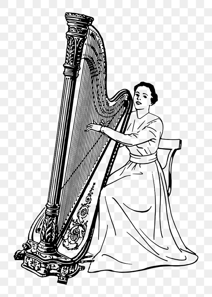 Woman playing harp png sticker, vintage illustration, transparent background. Free public domain CC0 image.