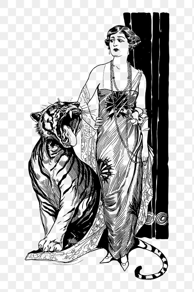 Lady and tiger png sticker, vintage illustration, transparent background. Free public domain CC0 image.