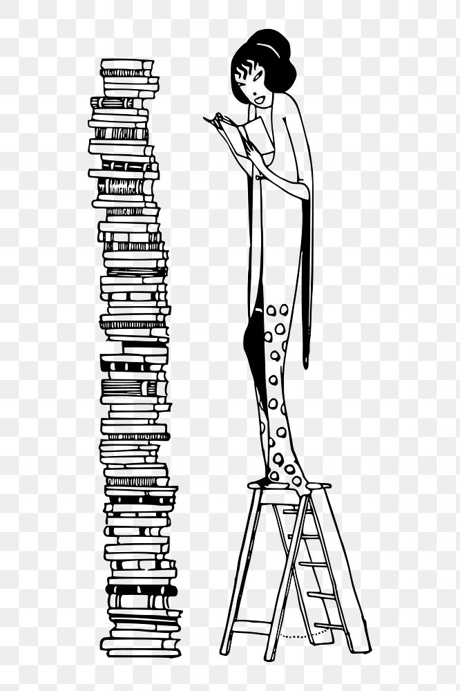 Lady & book stack png sticker illustration, transparent background. 