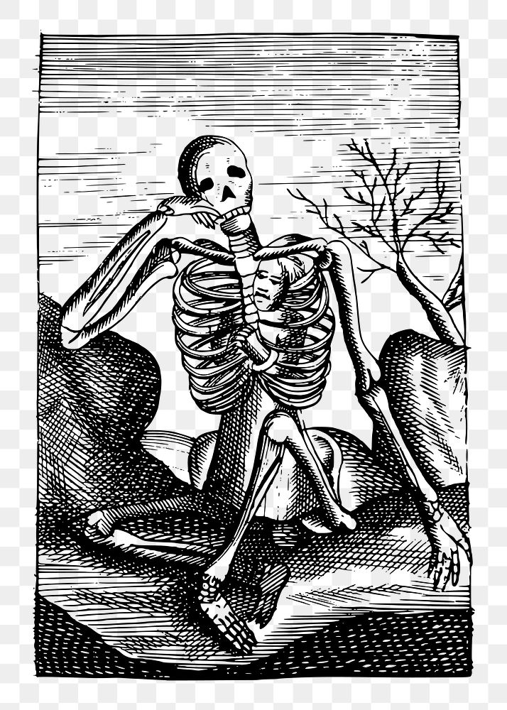 Thinking skeleton png sticker illustration, transparent background. Free public domain CC0 image.