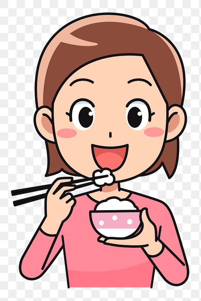 Woman eating rice png sticker, transparent background. Free public domain CC0 image