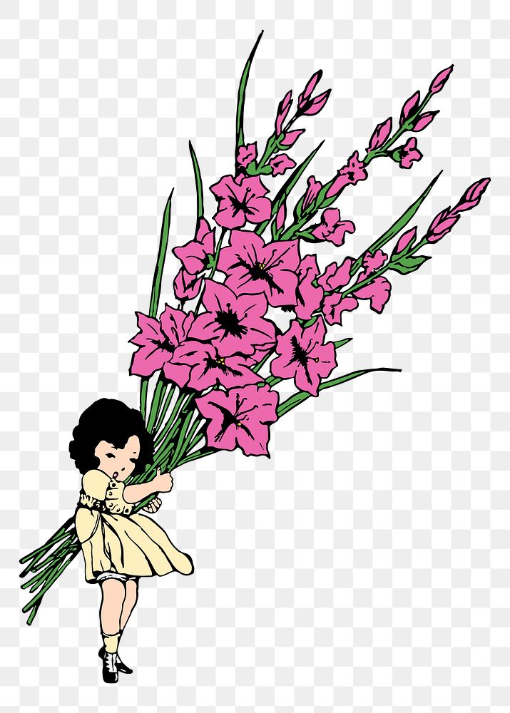 Girl and flower png sticker cartoon character illustration, transparent background. Free public domain CC0 image.