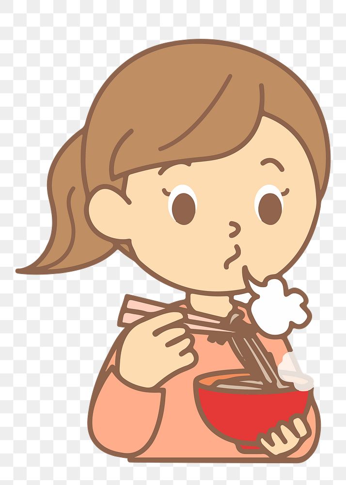 Png cartoon girl eating sticker, transparent background. Free public domain CC0 image.