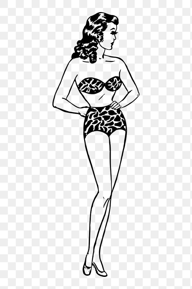 Woman in bikini png sticker retro fashion illustration, transparent background. Free public domain CC0 image.