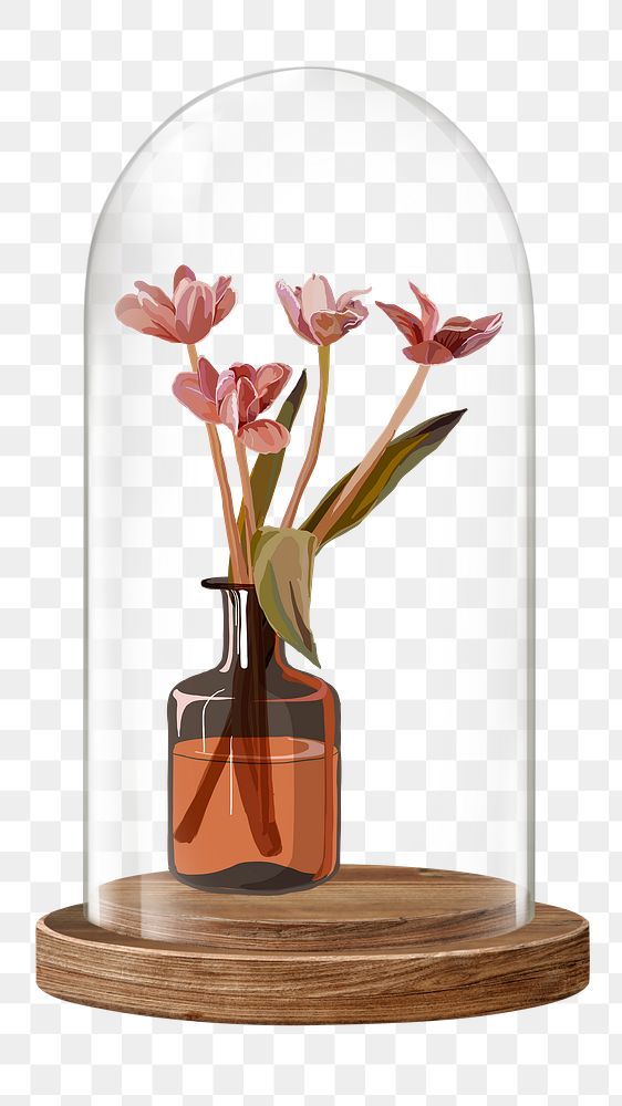 Flower vase png glass dome sticker, home decor concept art, transparent background