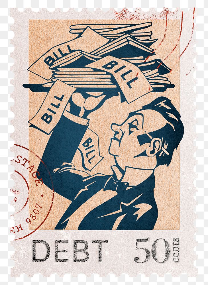 Debt png post stamp sticker, finance stationery, transparent background