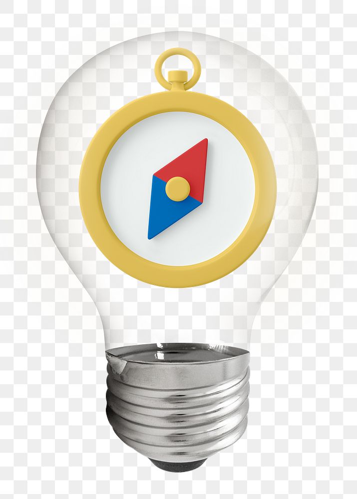 Direction compass png, 3D lightbulb digital sticker in transparent background