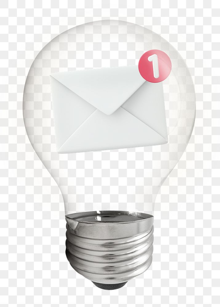 Email notification png, 3D lightbulb digital sticker in transparent background