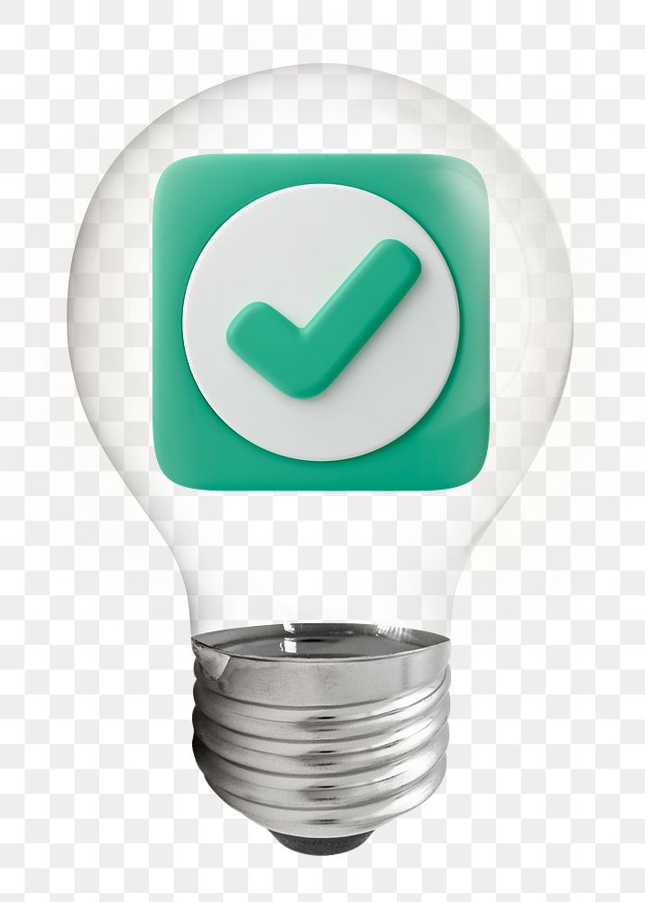 Green tick png, 3D lightbulb digital sticker in transparent background