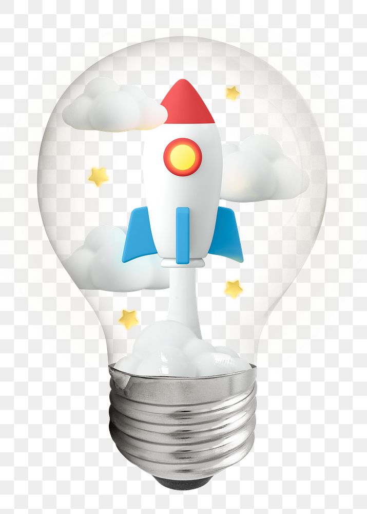 Rocket launch png, 3D lightbulb digital sticker in transparent background