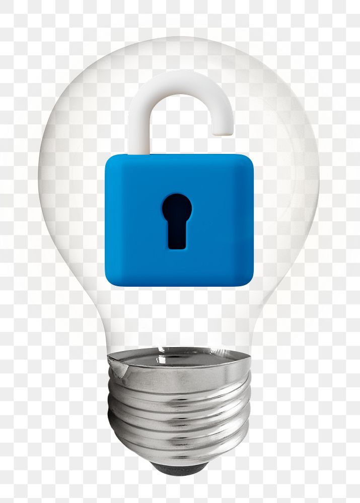 Lock safe png, 3D lightbulb digital sticker in transparent background