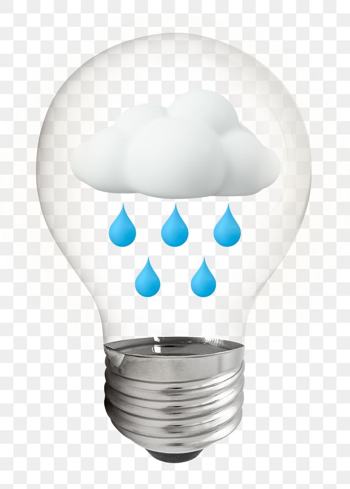 Raining cloud png, 3D lightbulb digital sticker in transparent background