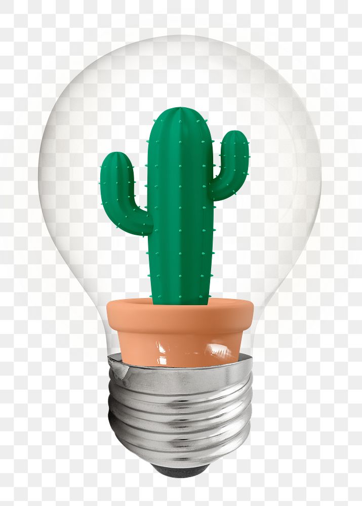 Cactus png, 3D lightbulb digital sticker in transparent background