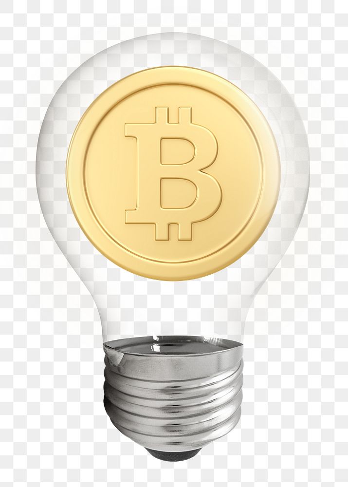 Bitcoin png, 3D lightbulb digital sticker in transparent background