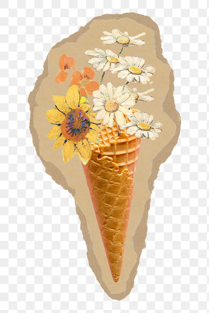 Floral cone png sticker, torn paper transparent background