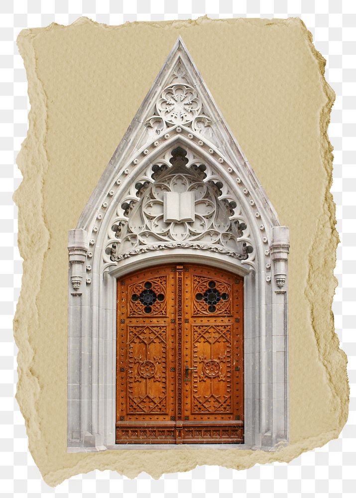 Gothic church png door sticker, ripped paper, transparent background