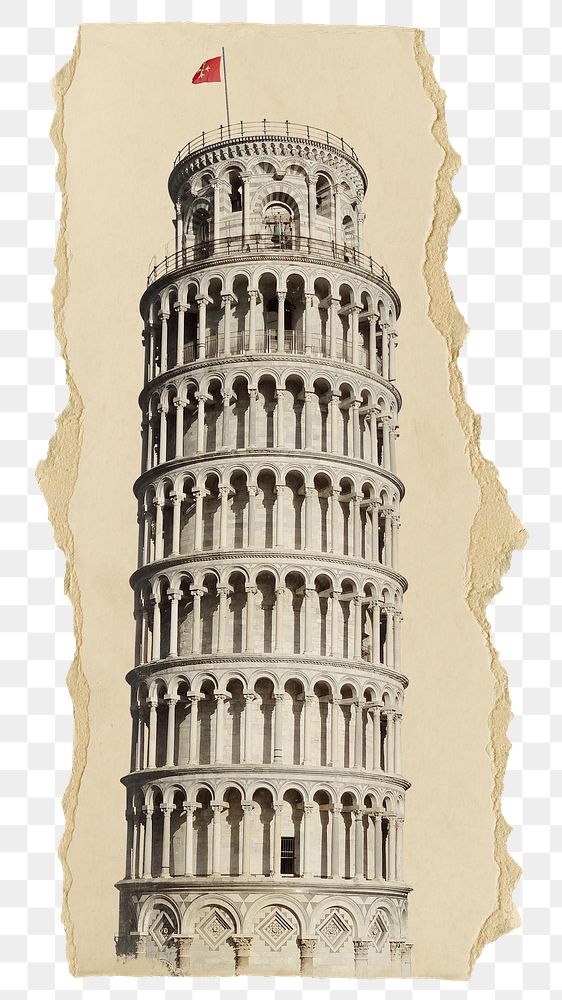 Leaning Tower png sticker, Italy landmark, ripped paper, transparent background