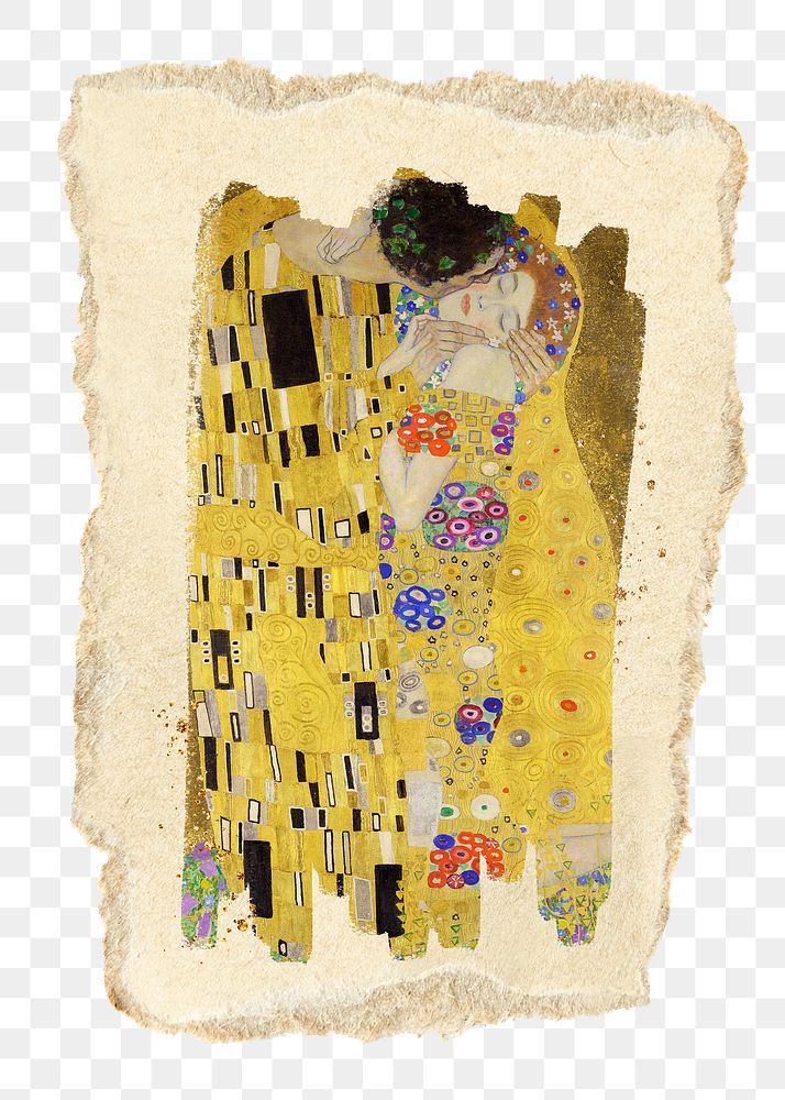 The kiss png sticker, ripped paper, transparent background, famous artwork remixed by rawpixel