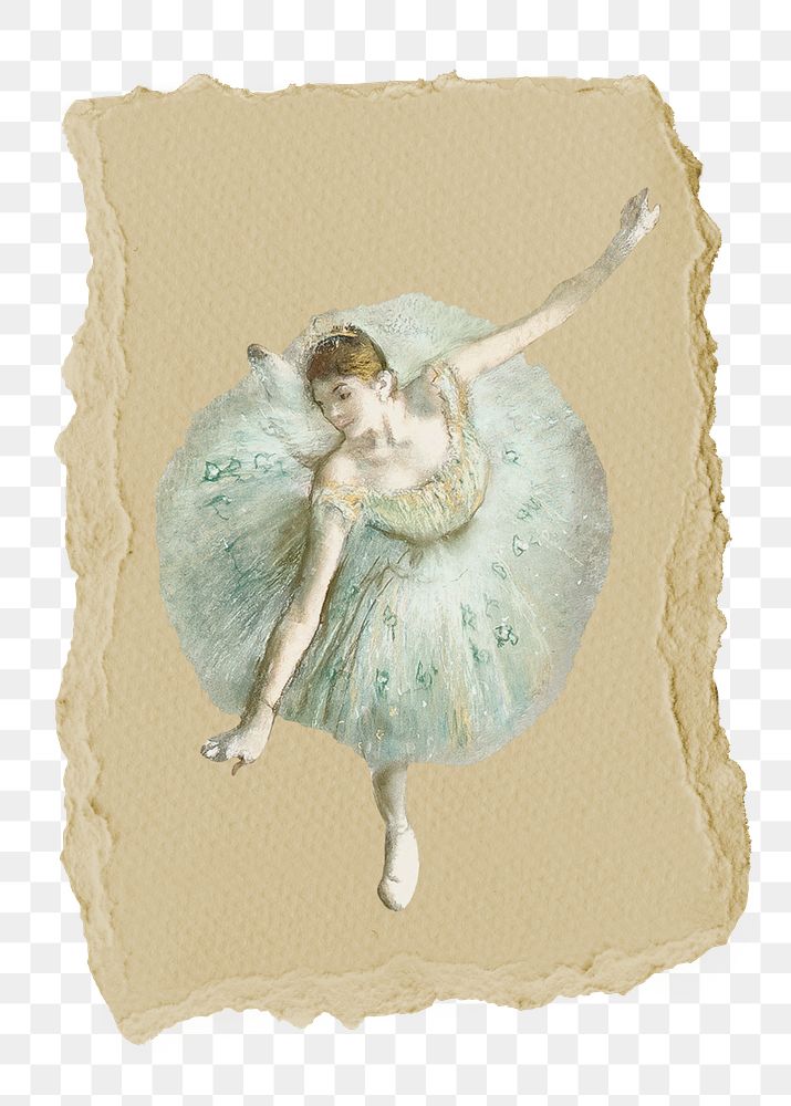 Vintage ballerina png sticker, ripped paper, transparent background, famous artwork remixed by rawpixel