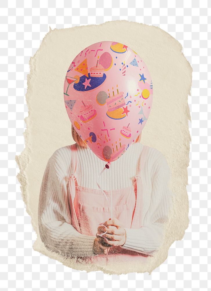 Girl holding balloon png sticker, ripped paper, transparent background