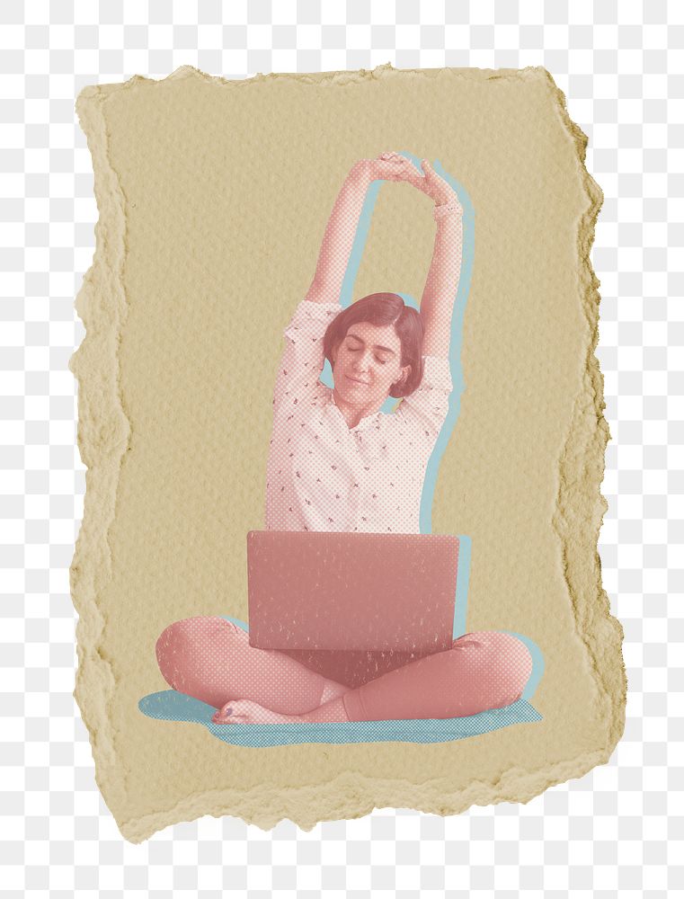 Stretching employee png sticker, ripped paper, transparent background