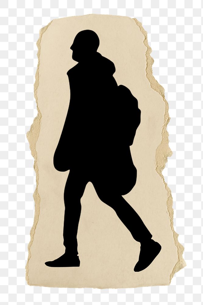 Backpacker silhouette png sticker, ripped paper, transparent background