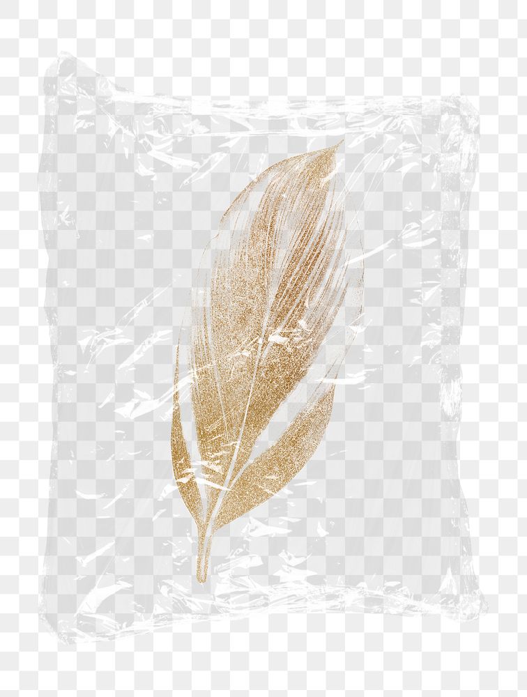 Gold sparkly png feather plastic bag sticker, concept art on transparent background