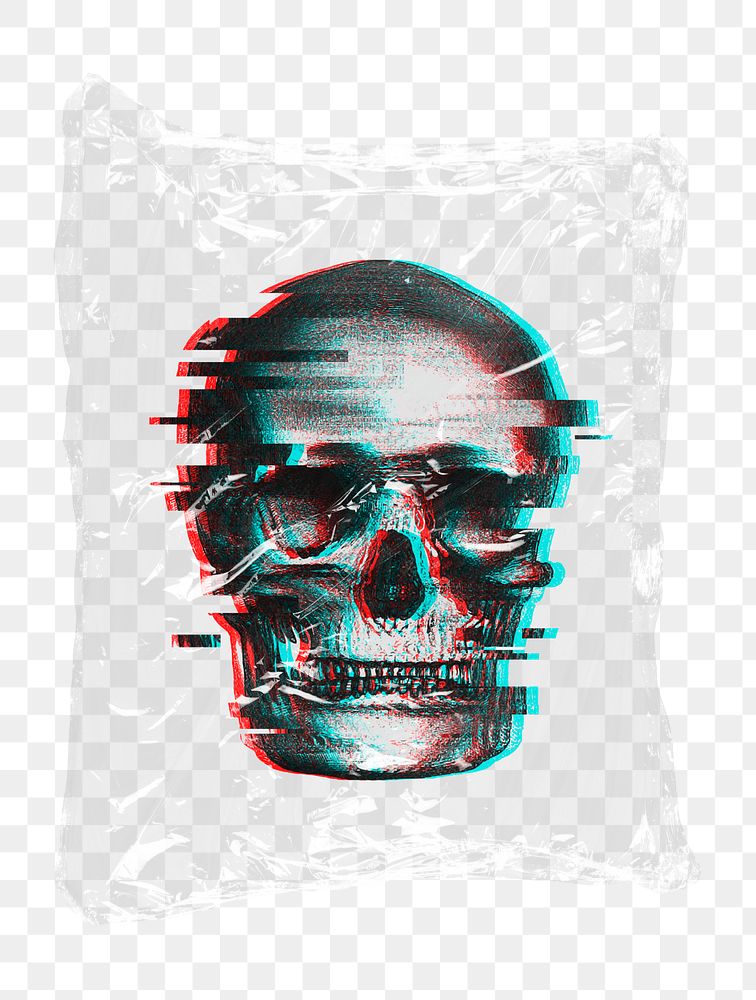 Glitching skull png plastic bag sticker, human error concept art on transparent background