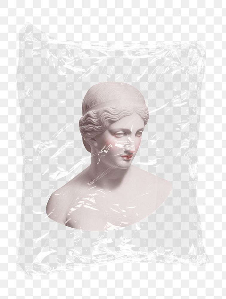 Greek goddess png statue plastic bag sticker, mythology concept art on transparent background