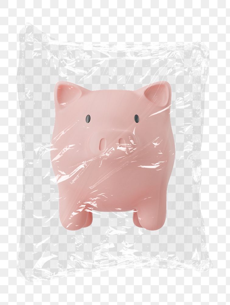 Png 3D piggy bank plastic bag sticker, savings, banking concept art on transparent background