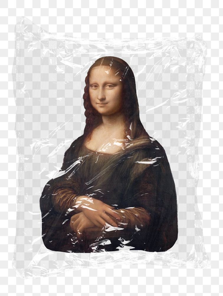 Mona Lisa png plastic bag sticker, Leonardo da Vinci's famous painting concept art on transparent background remixed by…