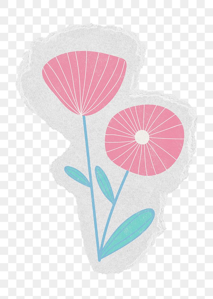 Pink flower png sticker, doodle botanical  ripped paper, transparent background