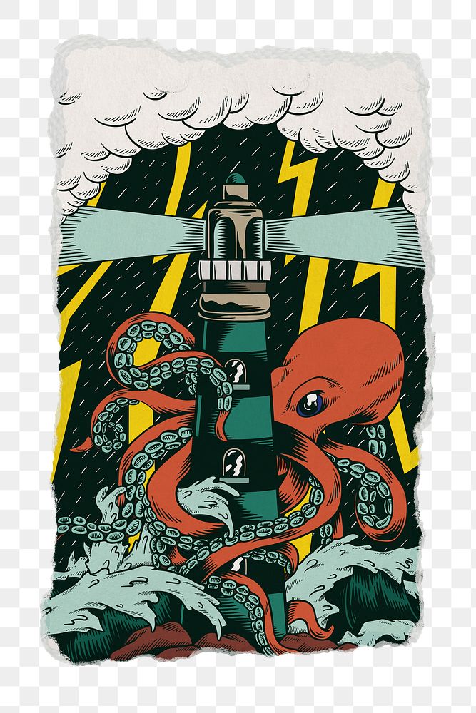 Png octopus attacks lighthouse sticker, ripped paper transparent background