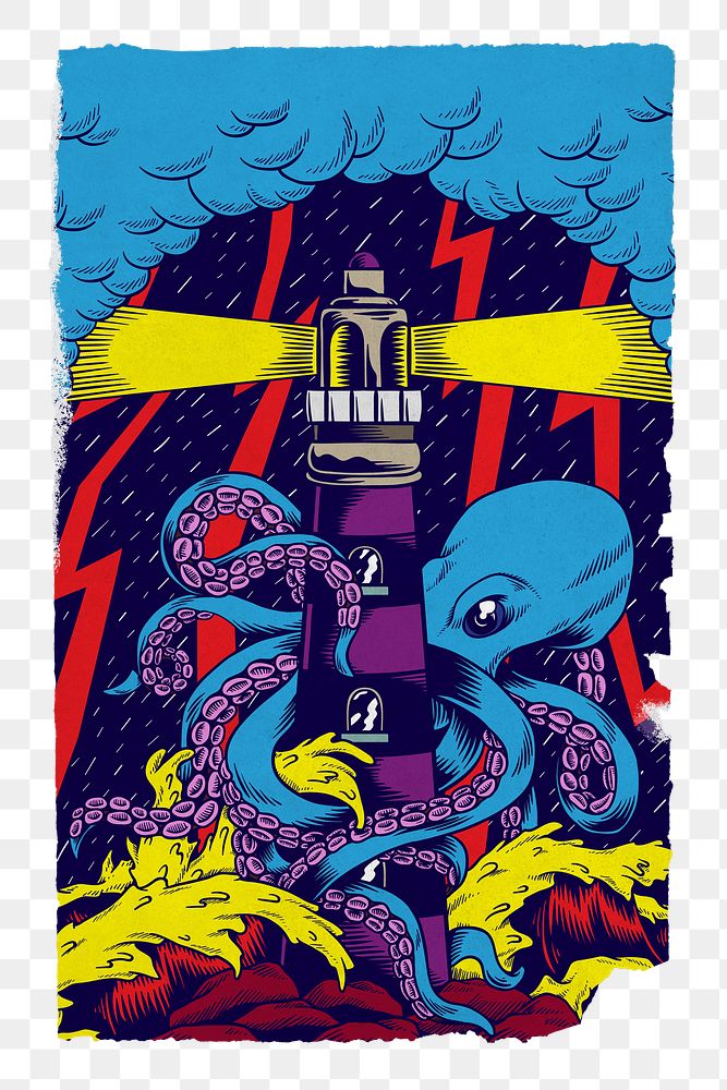 Png  octopus attacks lighthouse sticker, ripped paper transparent background