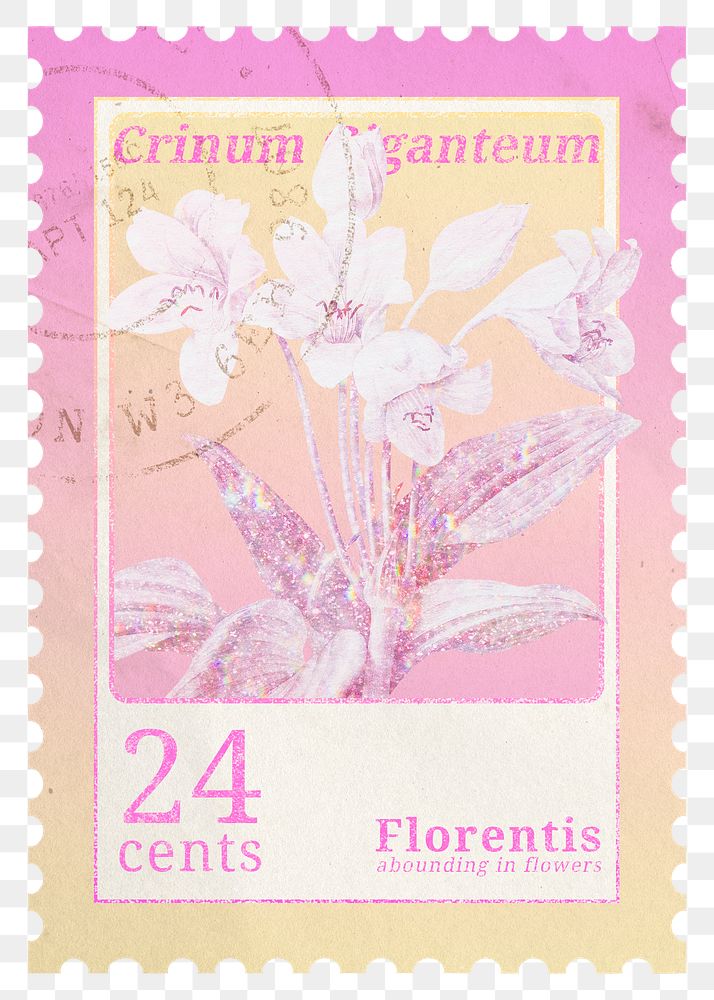 Postage stamp png, aesthetic holographic flower, crinum giganteum collage element, transparent background