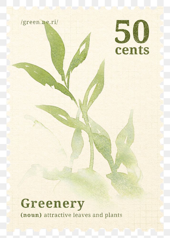 PNG watercolor plant postal stamp, aesthetic collage element, transparent background