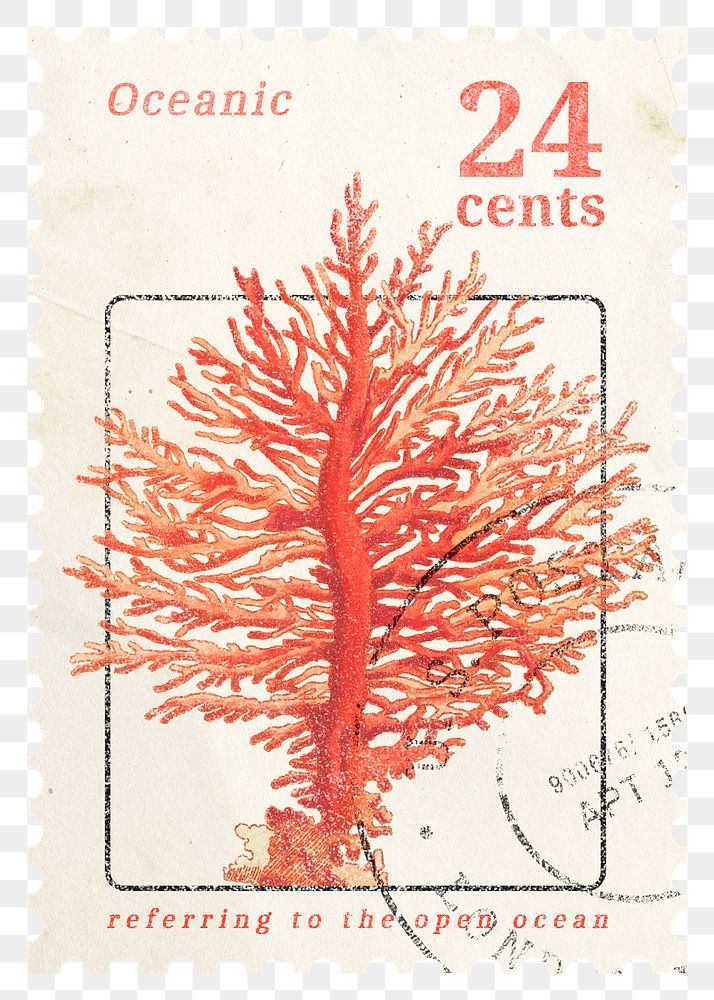 PNG ephemera postage stamp sticker, aesthetic coral collage element, transparent background, remixed by rawpixel