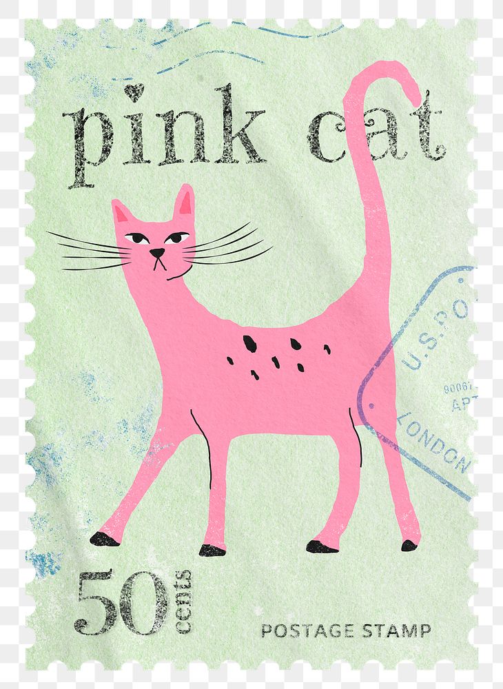 Pink cat png post stamp sticker, transparent background