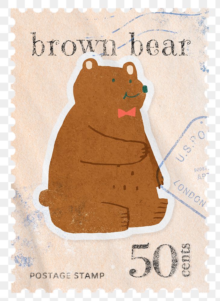 Bear png post stamp sticker, transparent background