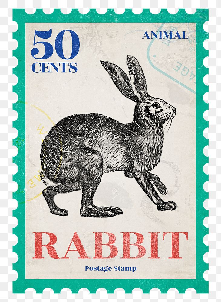 Rabbit png post stamp, ephemera sticker, transparent background