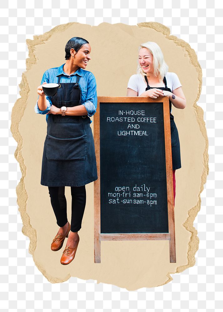 Happy cafe workers png sticker, ripped paper, transparent background