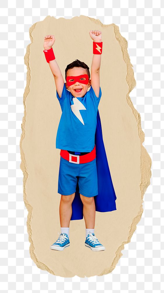 Superhero boy, kids' education png sticker, ripped paper, transparent background