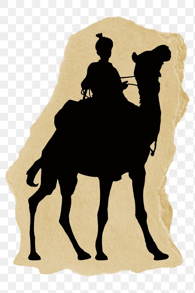 Camel rider png silhouette sticker, ripped paper collage element, transparent background