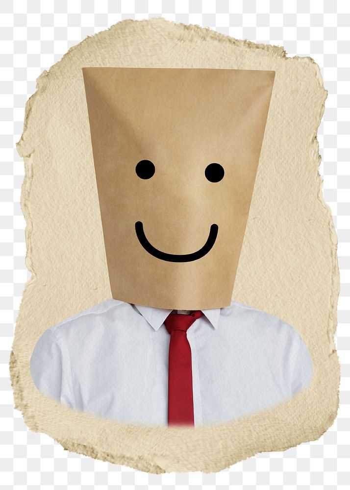 Happy bag png covering businessman's head sticker, ripped paper, transparent background