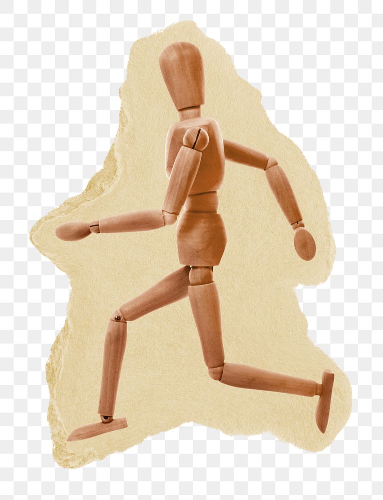 Wooden mannequin png sticker, ripped paper, transparent background