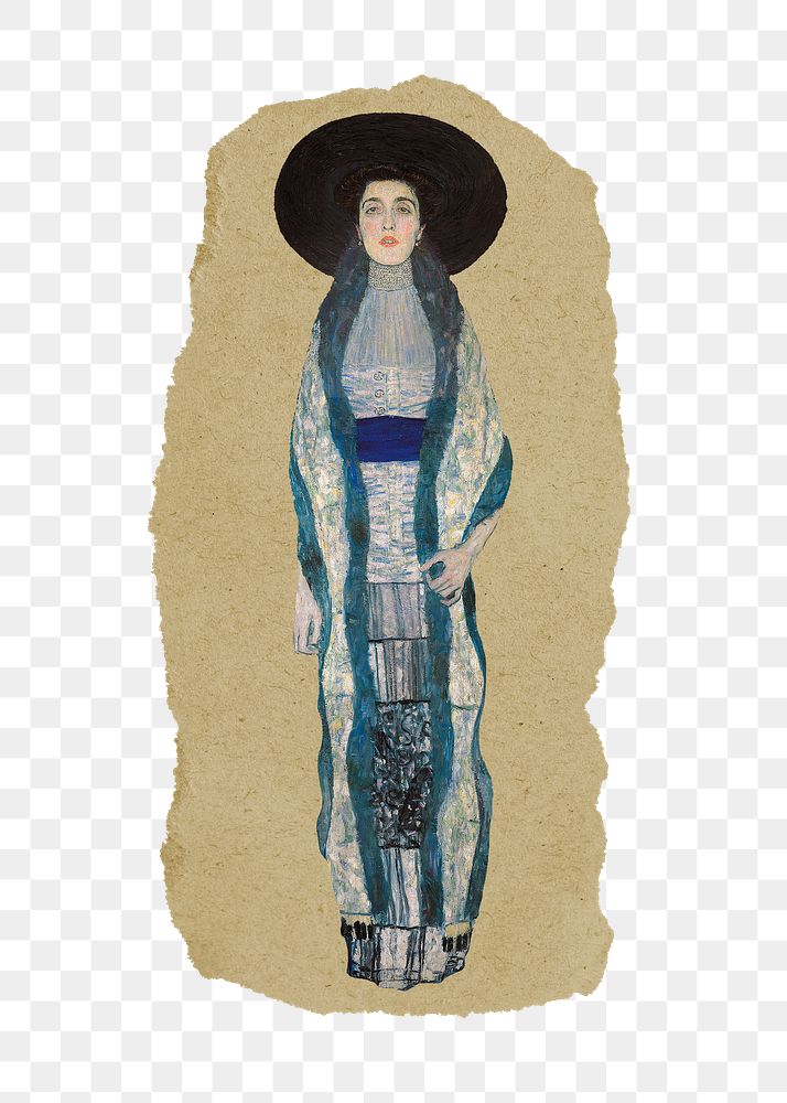 Woman png sticker, Gustav Klimt-inspired artwork, transparent background, ripped paper badge