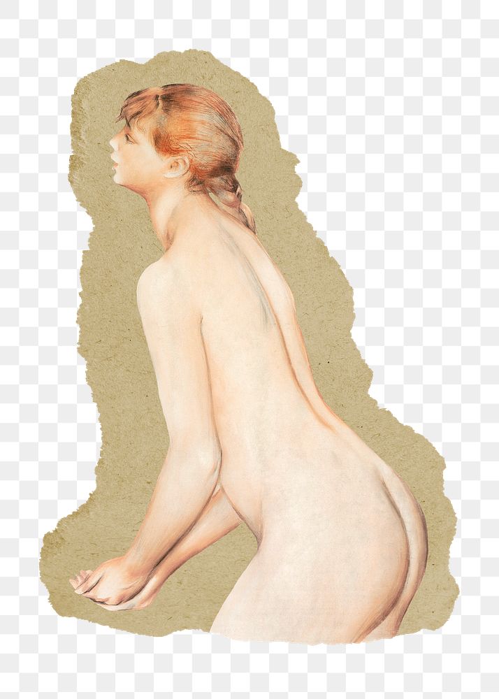 Naked woman png sticker, Renoir-inspired artwork, transparent background, ripped paper badge, remixed by rawpixel